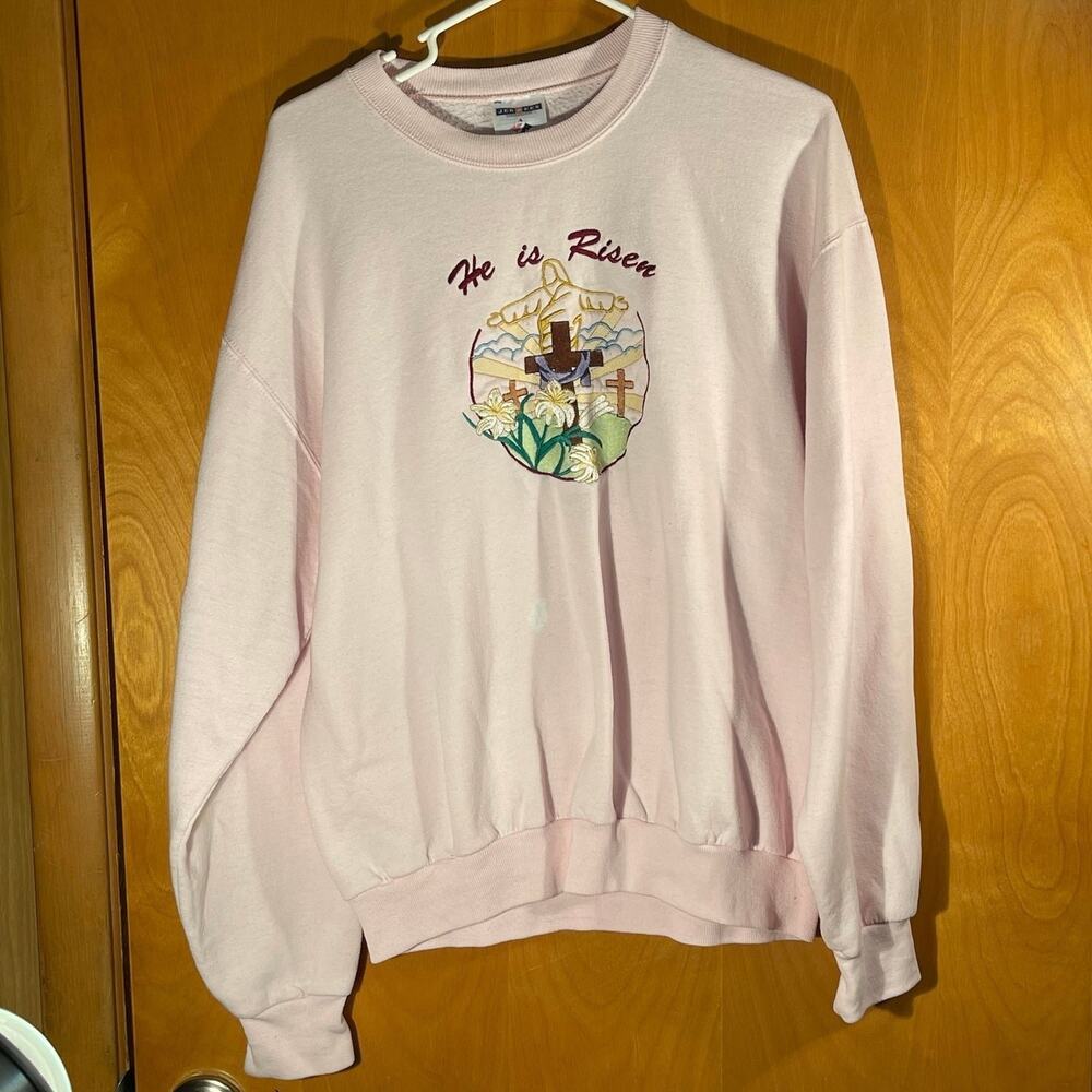Vintage Jerzees He is Risen Jesus Christ Cross Sweater Sweatshirt Pink Medium - Picture 1 of 10